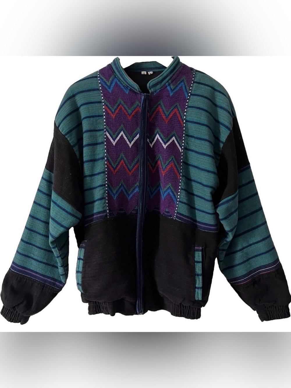Vintage 90s Made in Guatemala Bomber Jacket Black Teal Purple Unisex Globql XL